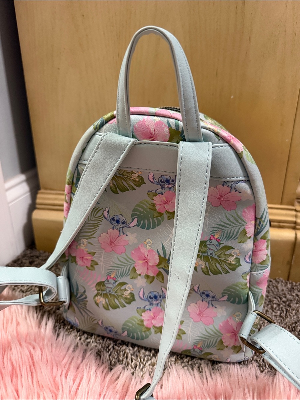 Loungefly pastel mint mini backpack with pink and green floral Stitch print - Picture 2 of 6